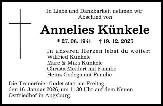 Traueranzeige von Annelies Künkele von Augsburger Allgemeine