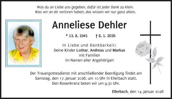 Traueranzeige von Anneliese Dehler von Wertinger Zeitung, Donau Zeitung
