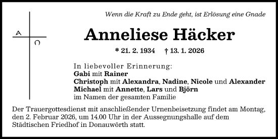 Traueranzeige von Anneliese Häcker von Donauwörther Zeitung, Rieser Nachrichten