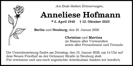 Traueranzeige von Anneliese Hofmann von Neuburger Rundschau