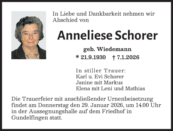 Traueranzeige von Anneliese Schorer von Donau Zeitung