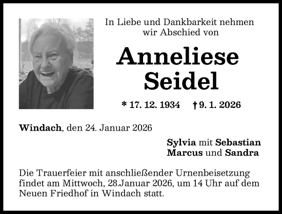 Traueranzeige von Anneliese Seidel von Landsberger Tagblatt