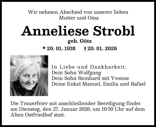 Traueranzeige von Anneliese Strobl von Augsburger Allgemeine