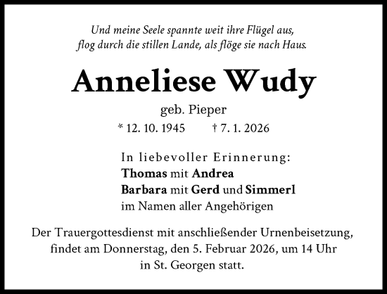 Traueranzeige von Anneliese Wudy von Landsberger Tagblatt