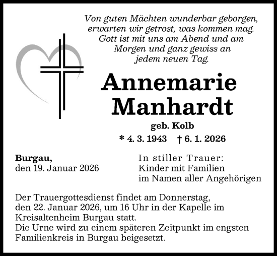 Traueranzeige von Annemarie Manhardt von Günzburger Zeitung