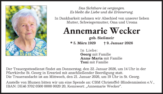 Traueranzeige von Annemarie Wecker von Friedberger Allgemeine