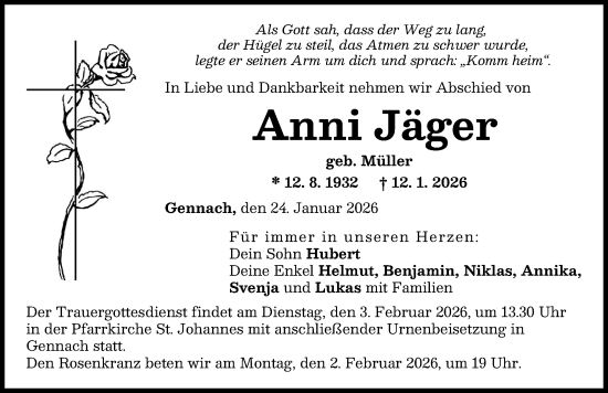 Traueranzeige von Anni Jäger von Schwabmünchner Allgemeine