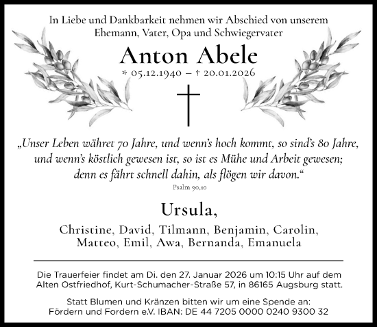 Traueranzeige von Anton Abele von Augsburger Allgemeine