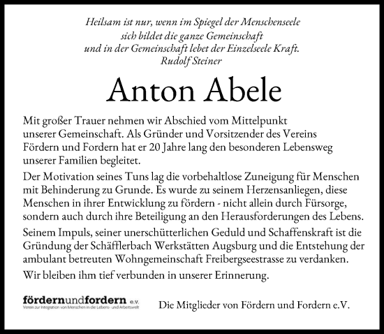 Traueranzeige von Anton Abele von Augsburger Allgemeine