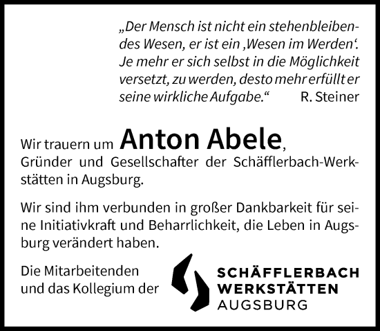 Traueranzeige von Anton Abele von Augsburger Allgemeine