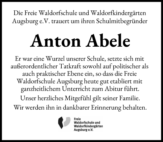Traueranzeige von Anton Abele von Augsburger Allgemeine
