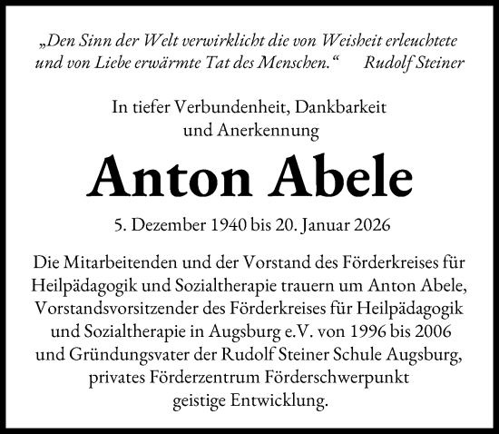 Traueranzeige von Anton Abele von Augsburger Allgemeine