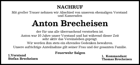 Traueranzeige von Anton Brecheisen von Mindelheimer Zeitung