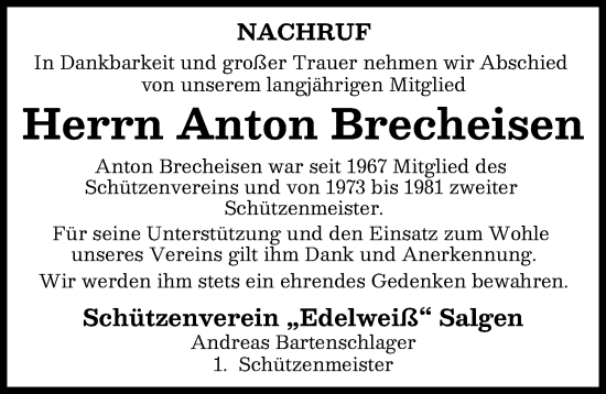 Traueranzeige von Anton Brecheisen von Mindelheimer Zeitung