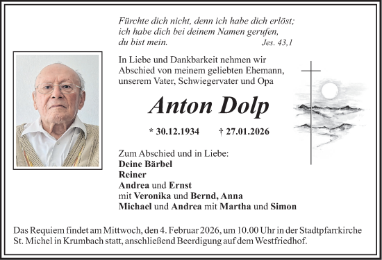 Traueranzeige von Anton Dolp von Mittelschwäbische Nachrichten