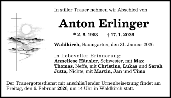 Traueranzeige von Anton Erlinger von Günzburger Zeitung