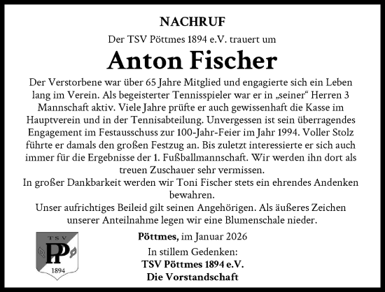 Traueranzeige von Anton Fischer von Aichacher Nachrichten