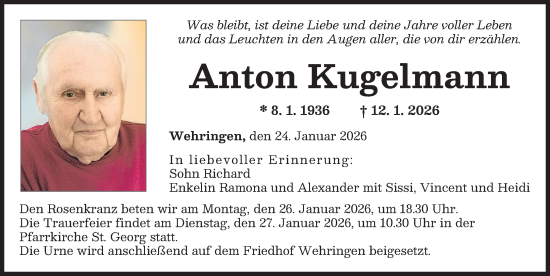 Traueranzeige von Anton Kugelmann von Augsburger Allgemeine
