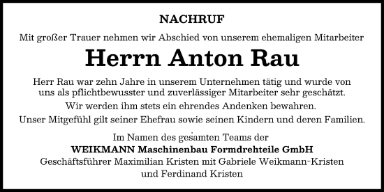 Traueranzeige von Anton Rau von Illertisser Zeitung