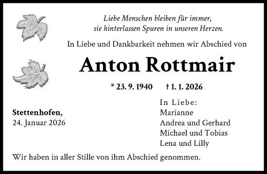 Traueranzeige von Anton Rottmair von Augsburg-Land