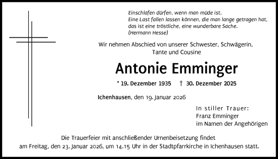 Traueranzeige von Antonie Emminger von Günzburger Zeitung