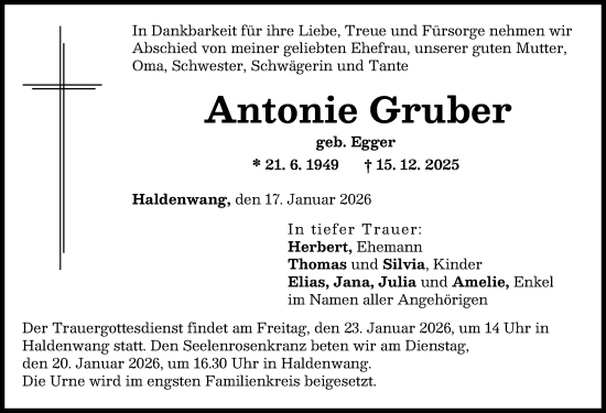 Traueranzeige von Antonie Gruber von Günzburger Zeitung