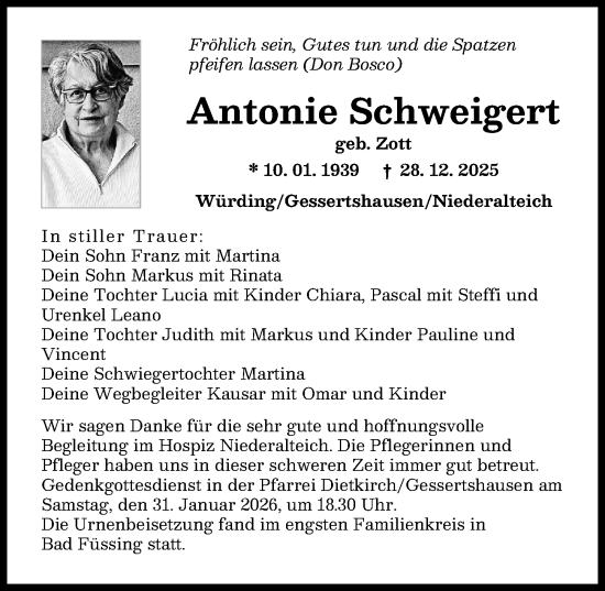 Traueranzeige von Antonie Schweigert von Augsburger Allgemeine