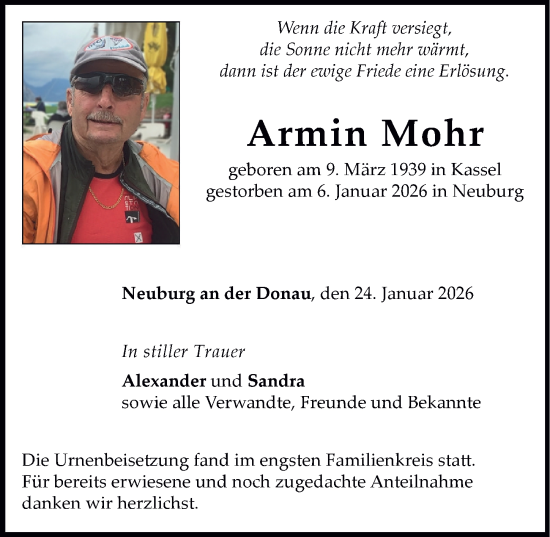Traueranzeige von Armin Mohr von Neuburger Rundschau