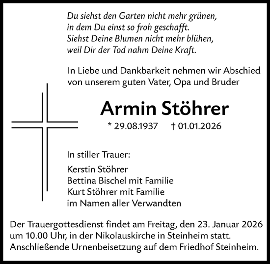 Traueranzeige von Armin Stöhrer von Neu-Ulmer Zeitung, Augsburger Allgemeine