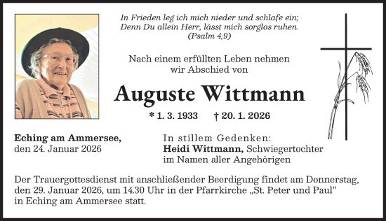 Traueranzeige von Auguste Wittmann von Landsberger Tagblatt