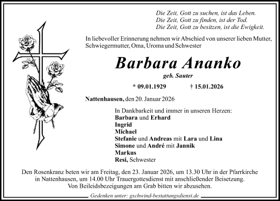 Traueranzeige von Barbara Ananko von Mittelschwäbische Nachrichten