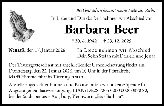 Traueranzeige von Barbara Beer von Augsburger Allgemeine