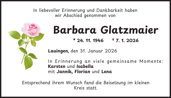Traueranzeige von Barbara Glatzmaier von Donau Zeitung