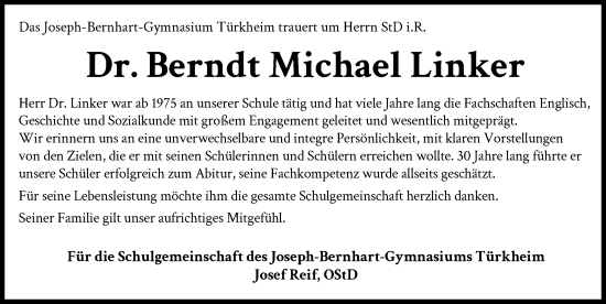 Traueranzeige von Berndt Michael Linker von Mindelheimer Zeitung