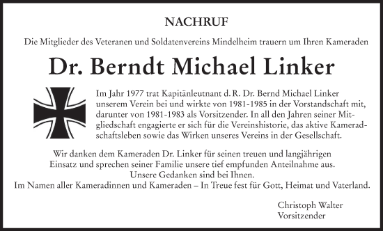 Traueranzeige von Berndt Michael Linker von Mindelheimer Zeitung