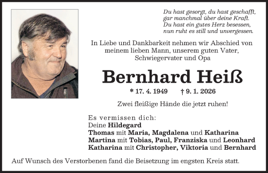Traueranzeige von Bernhard Heiß von Schwabmünchner Allgemeine