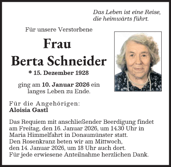Traueranzeige von Berta Schneider von Donauwörther Zeitung