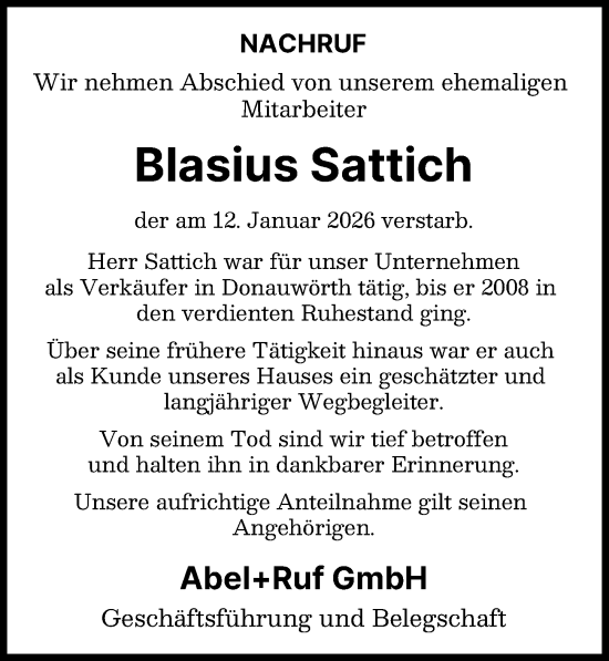 Traueranzeige von Blasius Sattich von Donauwörther Zeitung