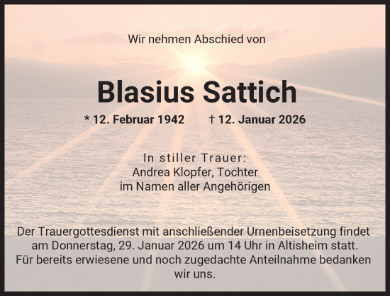 Traueranzeige von Blasius Sattich von Donauwörther Zeitung
