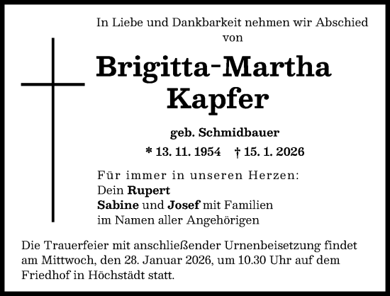 Traueranzeige von Brigitta-Martha Kapfer von Donau Zeitung