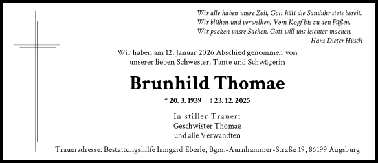 Traueranzeige von Brunhild Thomae von Augsburger Allgemeine