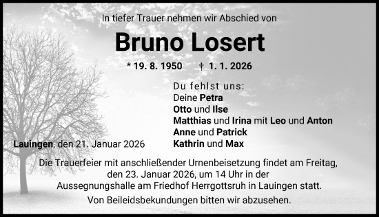 Traueranzeige von Bruno Losert von Donau Zeitung