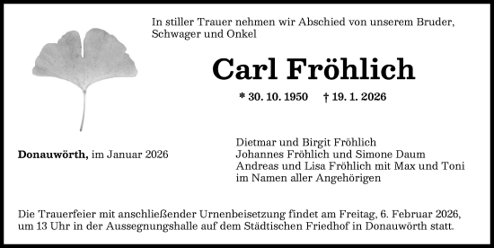 Traueranzeige von Carl Fröhlich von Donauwörther Zeitung