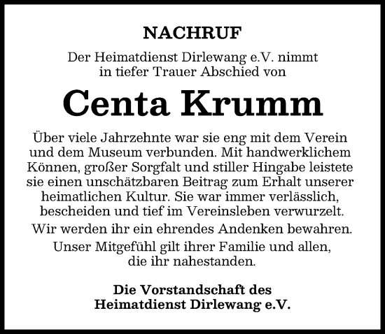 Traueranzeige von Centa Krumm von Mindelheimer Zeitung