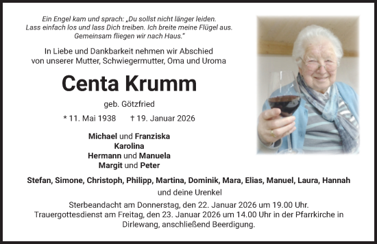 Traueranzeige von Centa Krumm von Mindelheimer Zeitung