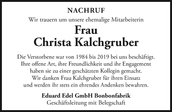 Traueranzeige von Christa Kalchgruber von Donau Zeitung