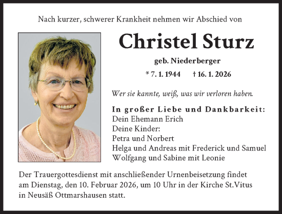 Traueranzeige von Christel Sturz von Augsburger Allgemeine