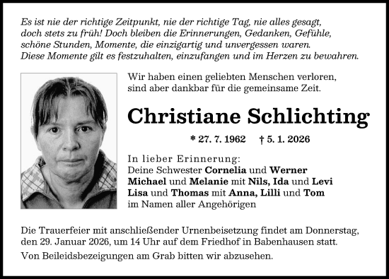 Traueranzeige von Christiane Schlichting von Illertisser Zeitung
