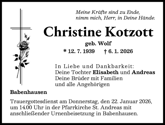 Traueranzeige von Christine Kotzott von Illertisser Zeitung