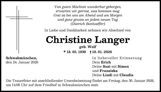 Traueranzeige von Christine Langer von Schwabmünchner Allgemeine